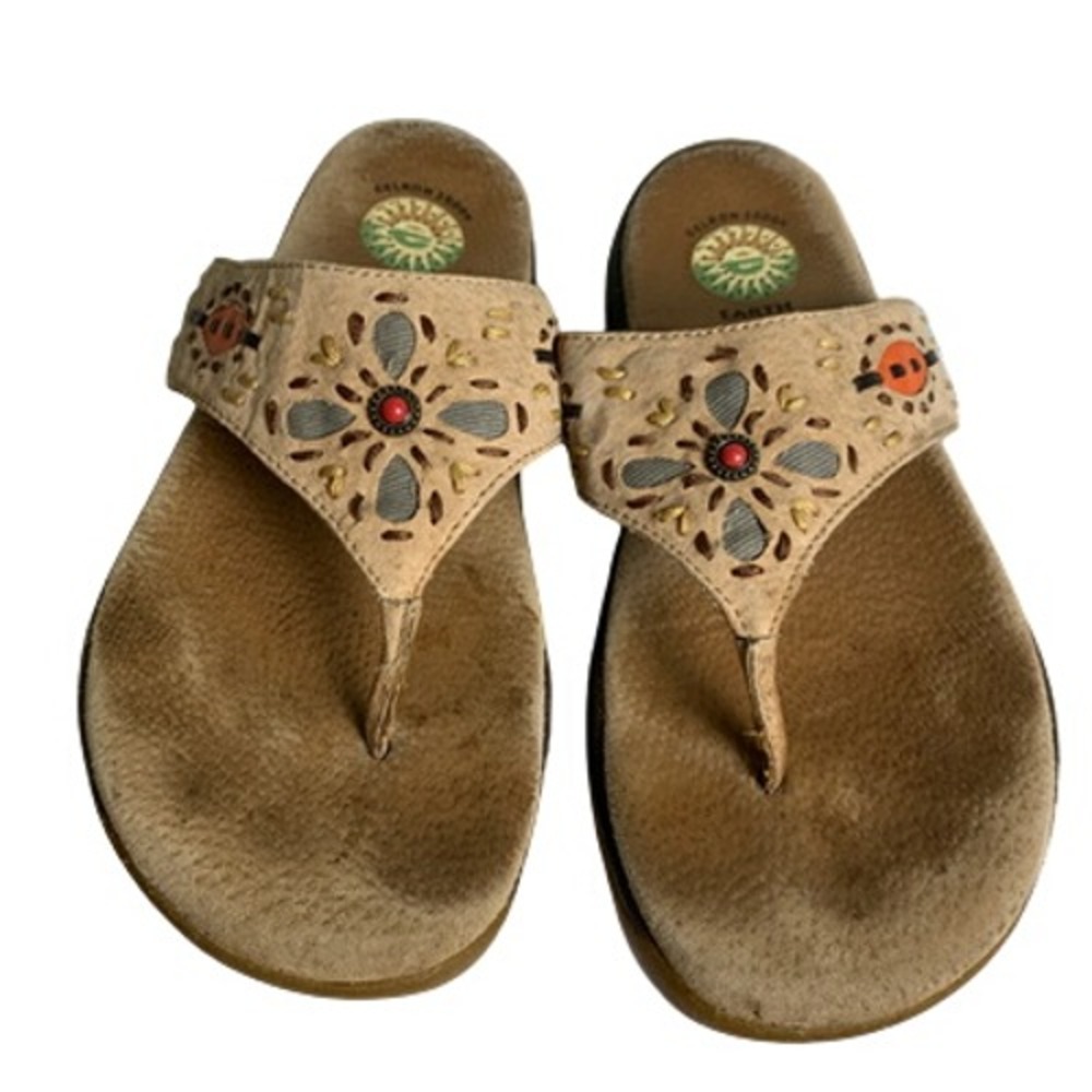 Earth Shoe Women's Pike Tan Leather Thong Sandals Size 7.5 Gelron 2000 Comfort